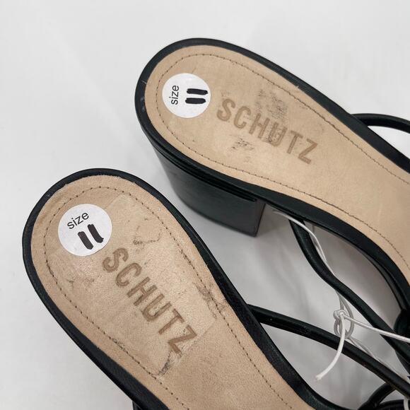 SCHUTZ Princey Sandals Size 11 Black Leather Strappy Block Heel Double Knotted - Picture 2 of 14